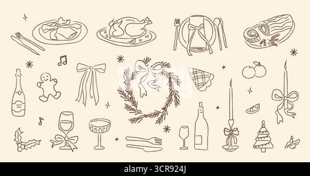 Ensemble fantaisiste de doodle de dîner de Noël dessiné à la main avec des éléments de vacances festifs, dinde rôtie, verres à vin, bougies, couronne, pain d'épices, et Illustration de Vecteur