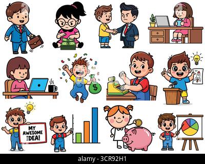 Cartoon Business Kids Finance Education Money Management Office Success Startup illustration Illustration de Vecteur