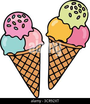Paire de cônes de crème glacée empilés avec des cuillères colorées et des garnitures à pois pour une ambiance ludique d'été Illustration de Vecteur