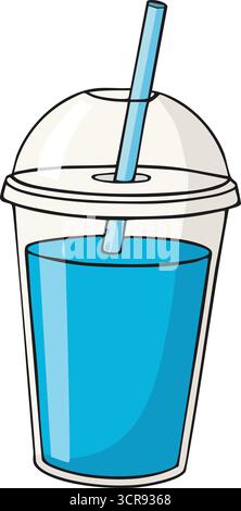 Une boisson glacée bleue rafraîchissante servie dans une tasse en plastique avec un couvercle bombé et de la paille Illustration de Vecteur