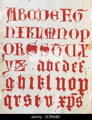 Un exemple rare d'un alphabet complet en écriture médiévale, tiré d'un manuscrit avec des commentaires sur le Lévitique, les nombres et le Deutéronome, écrit à la fin des années 1300 Banque D'Images