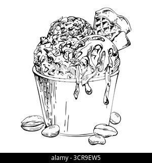Cuillère à crème glacée Gelato dans une tasse en plastique, pépites de chocolat, garnitures de noix écrasées, sirop fondant, noix de pistache dragée de bonbons gaufrés. illustration graphique Illustration de Vecteur