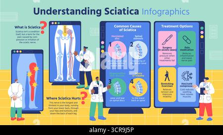 Infographie médicale plate expliquant les causes de la sciatique symptômes et les options de traitement Illustration de Vecteur