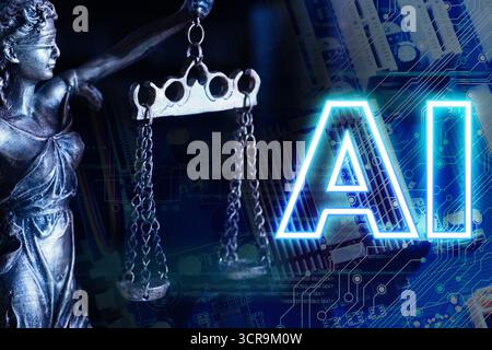 Intelligence artificielle et système judiciaire. Scales of Justice et ai abréviation contre carte d'ordinateur Banque D'Images