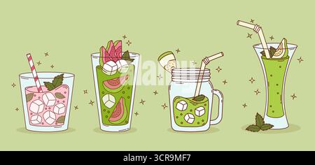 Smoothie à la goyave avec beaucoup de glaçons. Fruit d'été exotique cocktail rose et vert avec tranches de fruits tropicaux, paille et feuilles de menthe. Isolé Illustration de Vecteur