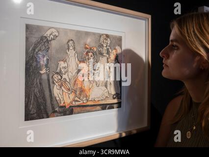 Bonhams, Londres, Royaume-Uni. 30 septembre 2025. La vente « Blazing a Trail », Modern British Women Artists Works se termine à partir du 1er octobre 2025. Parmi les faits saillants : Dame Paula Rego R.A. (1935-2022). Death Goes Shopping, estimation de 3 000 à 5 000 £. Crédit : Malcolm Park/Alamy Live News Banque D'Images