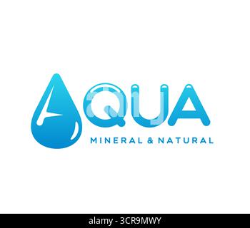 Icône d'eau de source minérale avec une gouttelette d'eau propre stylisée formant la lettre A, accompagnée d'un texte bleu gras AQUA et d'un slogan plus petit Mineral and Natural symbolisant la pureté et la fraîcheur Illustration de Vecteur