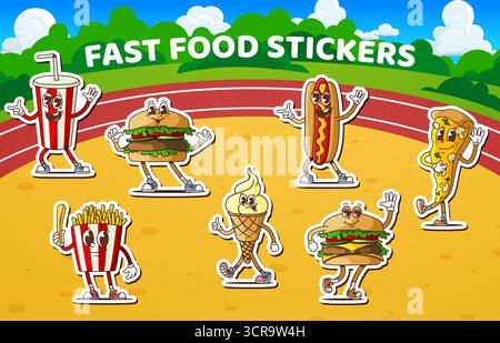 Lot d'autocollants de personnages de restauration rapide groovy. Soda de dessin animé ludique, hamburgers, hot dog, tranche de pizza, frites, et cône de crème glacée avec des visages souriants sur fond extérieur avec une piste de course et de la verdure Illustration de Vecteur