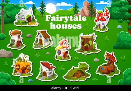 Stickers de maisons de conte de fées de dessin animé et d'habitations. Vector Patches ensemble de chalets fantaisistes dans une prairie forestière vibrante. Champignons, citrouille, souche d'arbre, chaussures et théière maisons de fantaisie pour jeu ou livre d'histoires Illustration de Vecteur