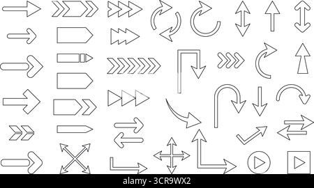 Ensemble de flèches noires linéaires vectorielles. Icône de pointeur, flèche, direction, bouton, mouvement, angle, cercle, rotation. Divers symboles de flèche dans le contour Illustration de Vecteur