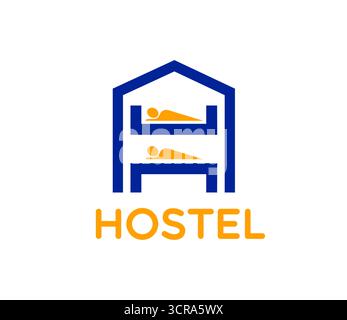 Icône d'hôtel auberge ou emblème avec un contour bleu d'une maison contenant deux figures de bâton orange reposant sur des lits superposés. Label minimal de vecteur isolé pour hébergement, hôtellerie ou service de voyage Illustration de Vecteur