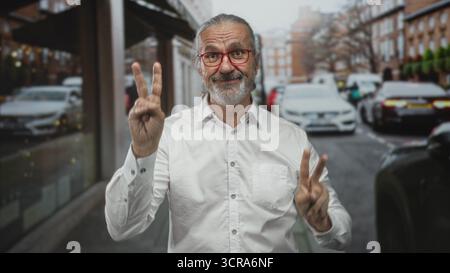Homme aux longs cheveux gris, barbe et lunettes rouges sourit et tient deux doigts pour la paix dans une rue animée de la ville ; optimisme joyeux. Banque D'Images
