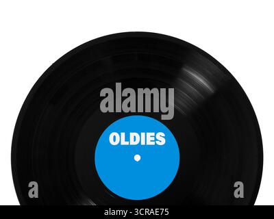 Disque vinyle noir avec étiquette bleue et lettrage oldies tournant et jouant de la musique nostalgique, isolé sur fond blanc Banque D'Images