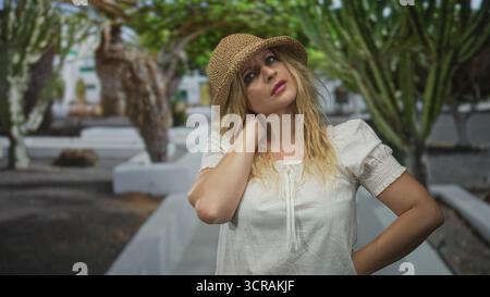 Femme touchant le cou tout en portant chapeau de paille et chemisier blanc dans le cadre de la forêt parmi les arbres verts et les allées ; pensivité. Banque D'Images