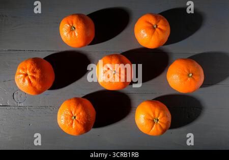orange mandarine oranges sur dessus de table peint en gris Banque D'Images