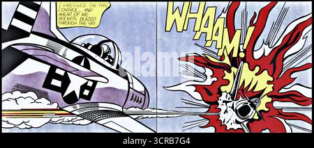 Roy Lichtenstein, Whaam ! (1963), peinture Pop Art à deux panneaux d’un jet tirant une fusée et d’une explosion enflammée avec “WHAAM !”. Illustration de Vecteur