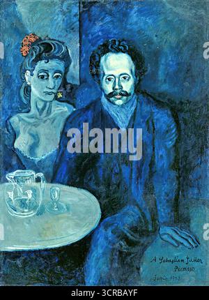 Pablo Picasso – Portrait de Sebastià Junyer Vidal – Portrait d’époque bleue, scène intérieure de bar, tons sourds, atmosphère mélancolique | Artium Illustration de Vecteur