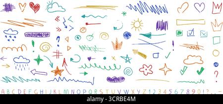 Lettres anglaises ludiques de style crayon associées à des traits de soulignement vibrants dessinés à la main Illustration de Vecteur