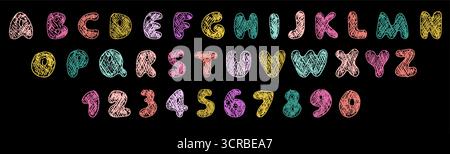 Alphabet vibrant et chiffres dessinés au crayon, accompagnés de griffonnages fantaisistes sur fond sombre. Illustration de Vecteur