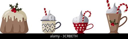 Une sélection de gâteries festives présente un riche pudding garni de houx, ainsi que de charmantes tasses remplies de boissons crémeuses et de bâtonnets de menthe poivrée Illustration de Vecteur