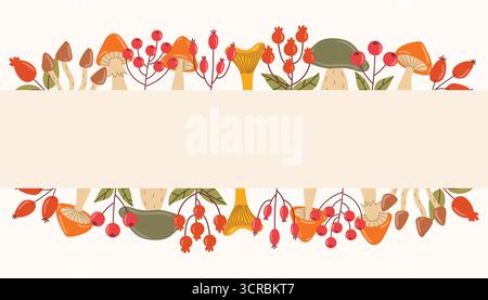 Affiche d'automne avec bordure mignonne de champignons et de baies rouges dans un style de bande dessinée plat. Conception de carte parfaite pour Thanksgiving, voeux de vacances, cel de récolte Illustration de Vecteur
