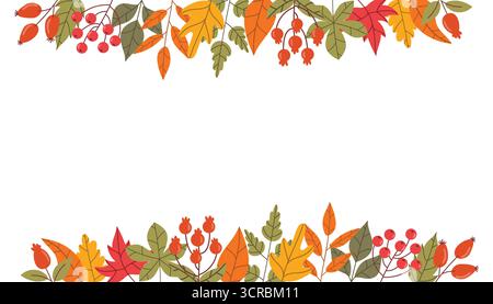 Affiche d'automne avec bordures supérieure et inférieure de feuilles colorées et de baies rouges dans un style de bande dessinée plat. Idéal pour carte de voeux, conception de récolte, thanksgiv Illustration de Vecteur