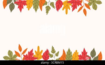 Jolie bordure d'automne avec des feuilles colorées dans un style de dessin animé plat. Modèle de carte saisonnière ou de cadre pour salutations, invitations, fêtes, moissons et automne déc Illustration de Vecteur