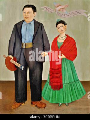 Frida Kahlo, Frieda et Diego Rivera (1931), double portrait formel avec la palette Diego Holding et une inscription en ruban à colombe. Illustration de Vecteur