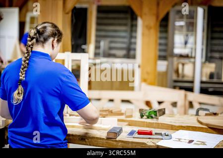 HENGELO - les étudiants sont occupés à ROC Twente. Les jeunes y sont formés à l'artisanat traditionnel comme le travail du bois et la sculpture sur pierre. ANP /HOLLANDSE HOOGTE /ROBIN UTRECHT pays-bas Out - belgique Out Banque D'Images