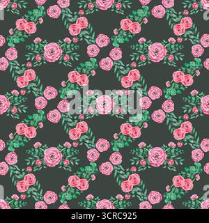 Modèle sans couture avec des fleurs de ranoncule roses dans le style aquarelle vintage Banque D'Images