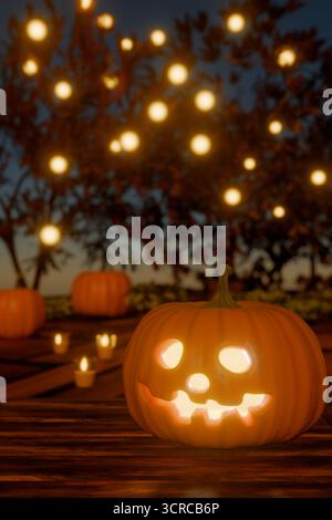 Citrouilles sculptées avec des visages brillants sur une table à l'extérieur pendant Halloween au crépuscule. rendu 3d. Banque D'Images