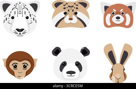 Une variété de visages d'animaux stylisés est affichée, y compris un léopard des neiges, raton laveur, panda rouge, singe, panda, et lapin. Chaque face est créée avec si Illustration de Vecteur
