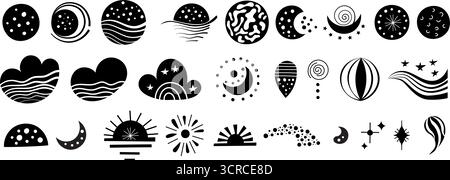 Une collection d'illustrations en noir et blanc présentant des corps célestes, des formes abstraites et des thèmes cosmiques. Les dessins comportent des étoiles, des planètes et Illustration de Vecteur
