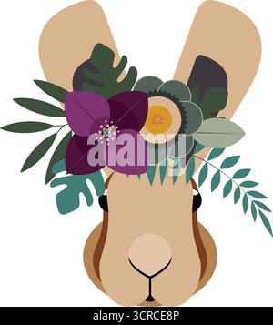 Une charmante illustration présente un joli lapin orné d'une couronne florale vibrante. Le design mélange des éléments de la nature avec une touche fantaisiste, celeati Illustration de Vecteur