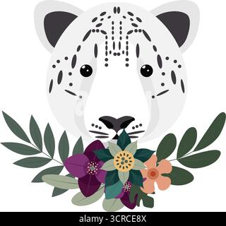 Un léopard des neiges est bien en évidence avec un mélange de fleurs colorées et de feuilles vertes entourant son visage. Le design met en valeur un int artistique unique Illustration de Vecteur