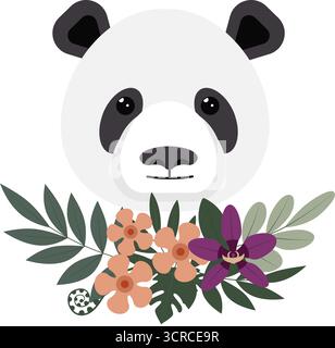 Une charmante tête de panda est représentée avec une expression joyeuse, entourée de fleurs vibrantes et de feuilles luxuriantes. Le design met en valeur un mélange délicieux Illustration de Vecteur