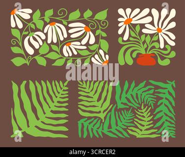 Motif représentant des vagues fluides et des fleurs stylisées, inspiré des motifs vintage des années 70. Illustration de Vecteur