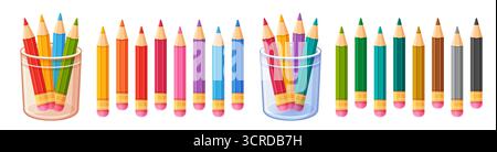 Crayon de couleur, crayons colorés dans le porte-gobelet en verre, fourniture d'art scolaire pour le dessin à la main. Stylo à écrire graphite pour enfants avec gomme. Jeu d'outils d'esquisse d'artiste Illustration de Vecteur