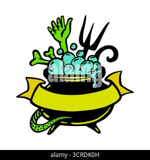 Halloween Cauldron et Zombie main avec ruban vide, joli dessin animé dans des couleurs jaune vert néon. Illustration vectorielle isolée pour autocollant ou Illustration de Vecteur
