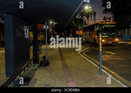 Marilia, SP, Brésil, 10 septembre 2025. Vue de nuit d'un arrêt de bus sur l'avenue Rio Branco, centre-ville de Marília, SP. La scène urbaine reflète le publ de la ville Banque D'Images