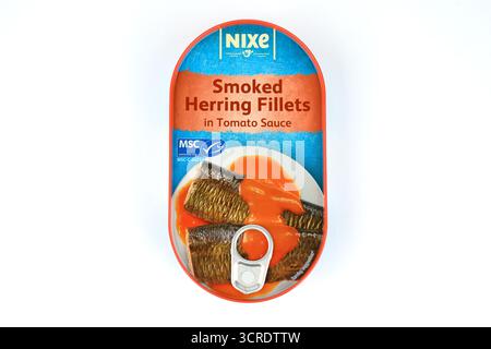 Filets de hareng fumé Lidl en sauce tomate - pays de Galles, Royaume-Uni - 24 septembre 2025 Banque D'Images