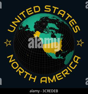États-Unis d'Amérique sur Globe. Arrondissez le texte du nom du pays et du continent. Vue du pays sur la carte du monde dans la palette de couleurs Black Emerald. Illustration de Vecteur