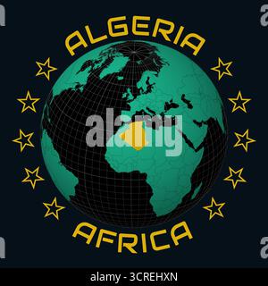 République algérienne démocratique et populaire sur Globe. Arrondissez le texte du nom du pays et du continent. Vue du pays sur la carte du monde dans la palette de couleurs Black Emerald. Illustration de Vecteur