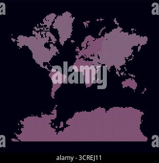 Carte du monde en pointillés. Carte de style numérique du monde sur un fond sombre. Forme de limite avec des points circulaires. Style de points colorés. Cercles de petite taille. Illustration de Vecteur
