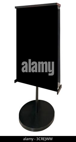 Support de bannière vertical avec finition noire mate. L'écran présente un grand écran noir rectangulaire ou une toile maintenue dans un cadre sombre et minimaliste Banque D'Images