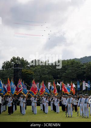 Gyeryong, Séoul, Corée du Sud. 29 septembre 2025. L'équipe de démonstration des Black Eagles de l'armée de l'air sud-coréenne se produit lors de la journée des médias pour le 77e anniversaire de la Journée des forces armées au Gyeryong. (Crédit image : © Suh Jeen Moon/ZUMA Press Wire) USAGE ÉDITORIAL SEULEMENT ! Non destiné à UN USAGE commercial ! Banque D'Images