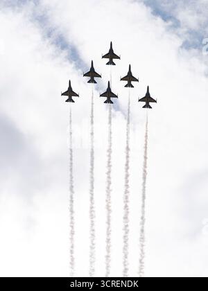 Gyeryong, Séoul, Corée du Sud. 29 septembre 2025. L'équipe de démonstration des Black Eagles de l'armée de l'air sud-coréenne se produit lors de la journée des médias pour le 77e anniversaire de la Journée des forces armées au Gyeryong. (Crédit image : © Suh Jeen Moon/ZUMA Press Wire) USAGE ÉDITORIAL SEULEMENT ! Non destiné à UN USAGE commercial ! Banque D'Images