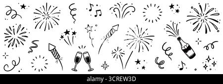 Jeu de vecteur de feu d'artifice du nouvel an. Fond dessiné à la main avec doodle Sparkler, pétard et confettis pour le nouvel an, l'anniversaire ou la célébration de vacances. Esquissez un style de fête de feu d'artifice. Illustration vectorielle Illustration de Vecteur
