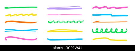 Jeu de lignes de couleur du marqueur. Marqueur et stylo surlignent avec trait, soulignement de texte et marque au crayon. Élément mignon dessiné à la main avec pinceau rayé et gribouillage coloré. Illustration vectorielle Illustration de Vecteur