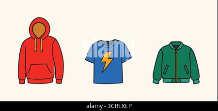 Une bande propre de symboles vestimentaires montrant un sweat à capuche rouge, une chemise bleue à manches courtes avec un motif éclair et une veste zippée verte Illustration de Vecteur